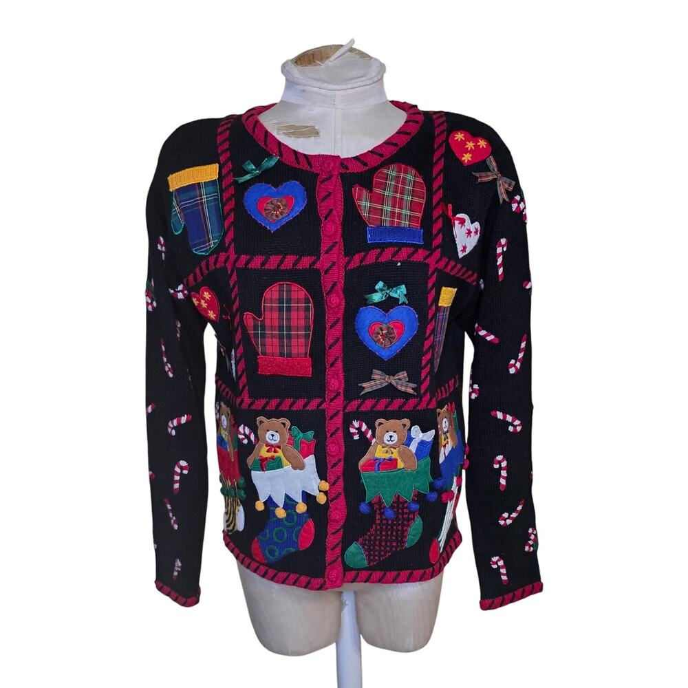 Vtg DESIGNERS ORIGINALS  Teddy Bear Embroidered Appliqué Christmas Cardigan M‎
